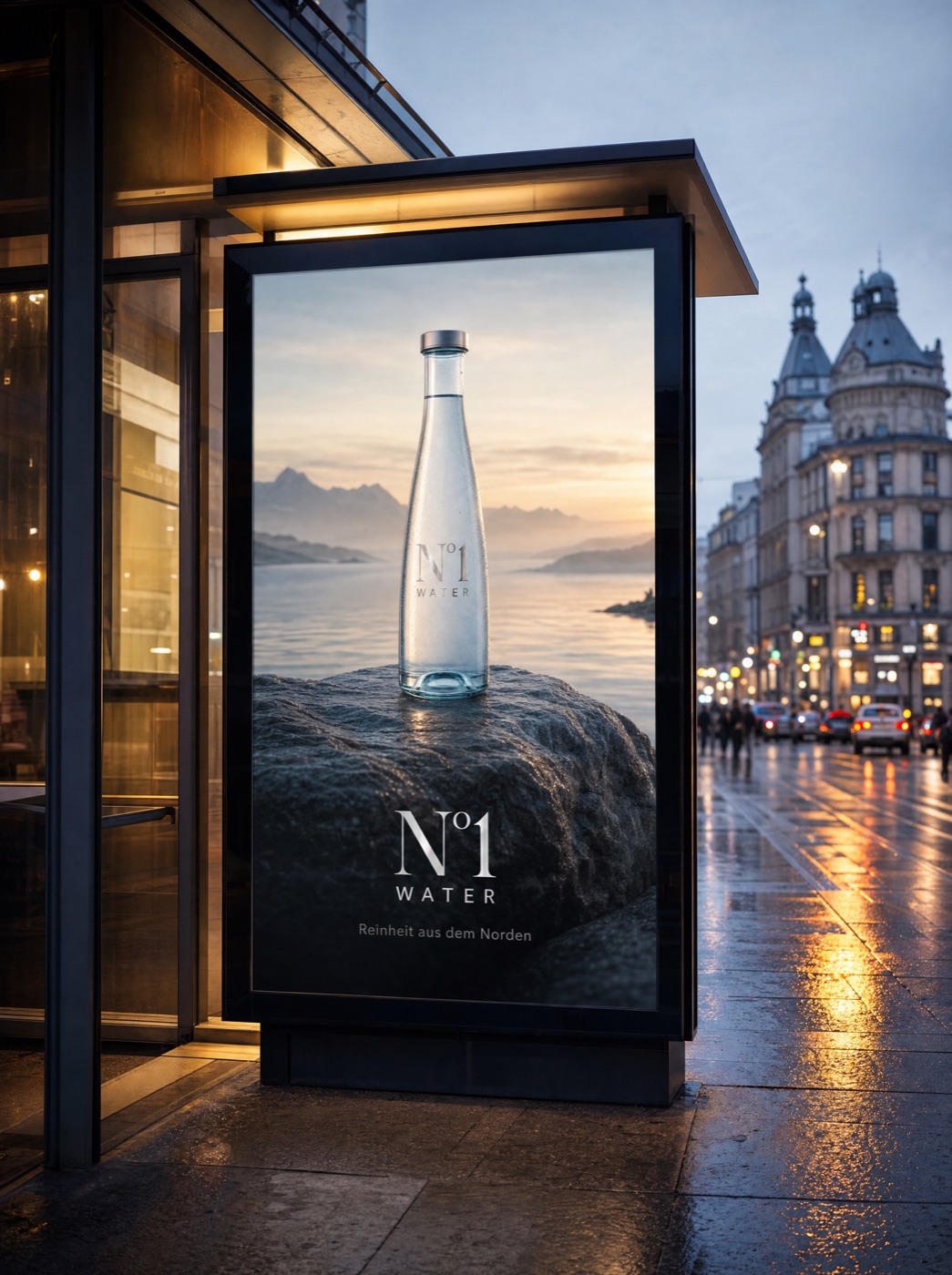 N°1 Water Out-of-Home-Plakat an einer Bushaltestelle in der Dämmerung