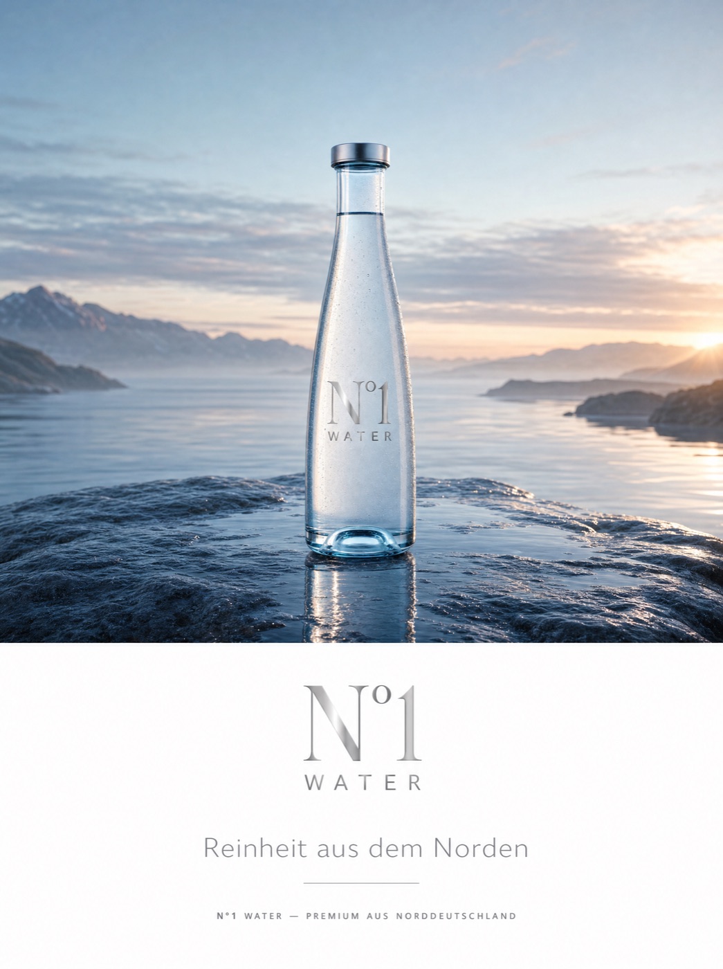 N°1 Water Printkampagne — Flasche auf einem Fels über einem nordischen Fjord