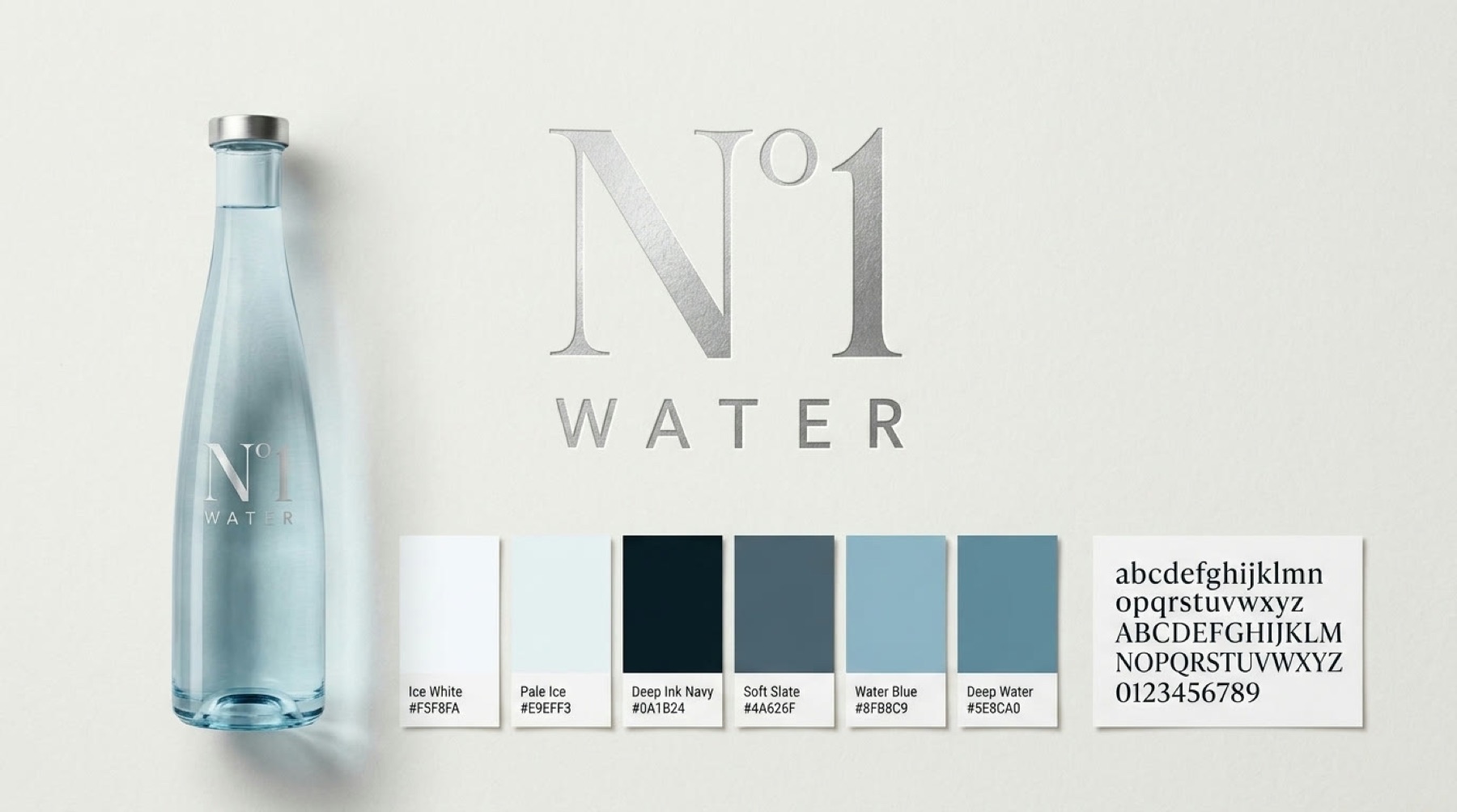 N°1 Water Markenidentität — Silber-Folienlogo, eisige Farbpalette und Typografie