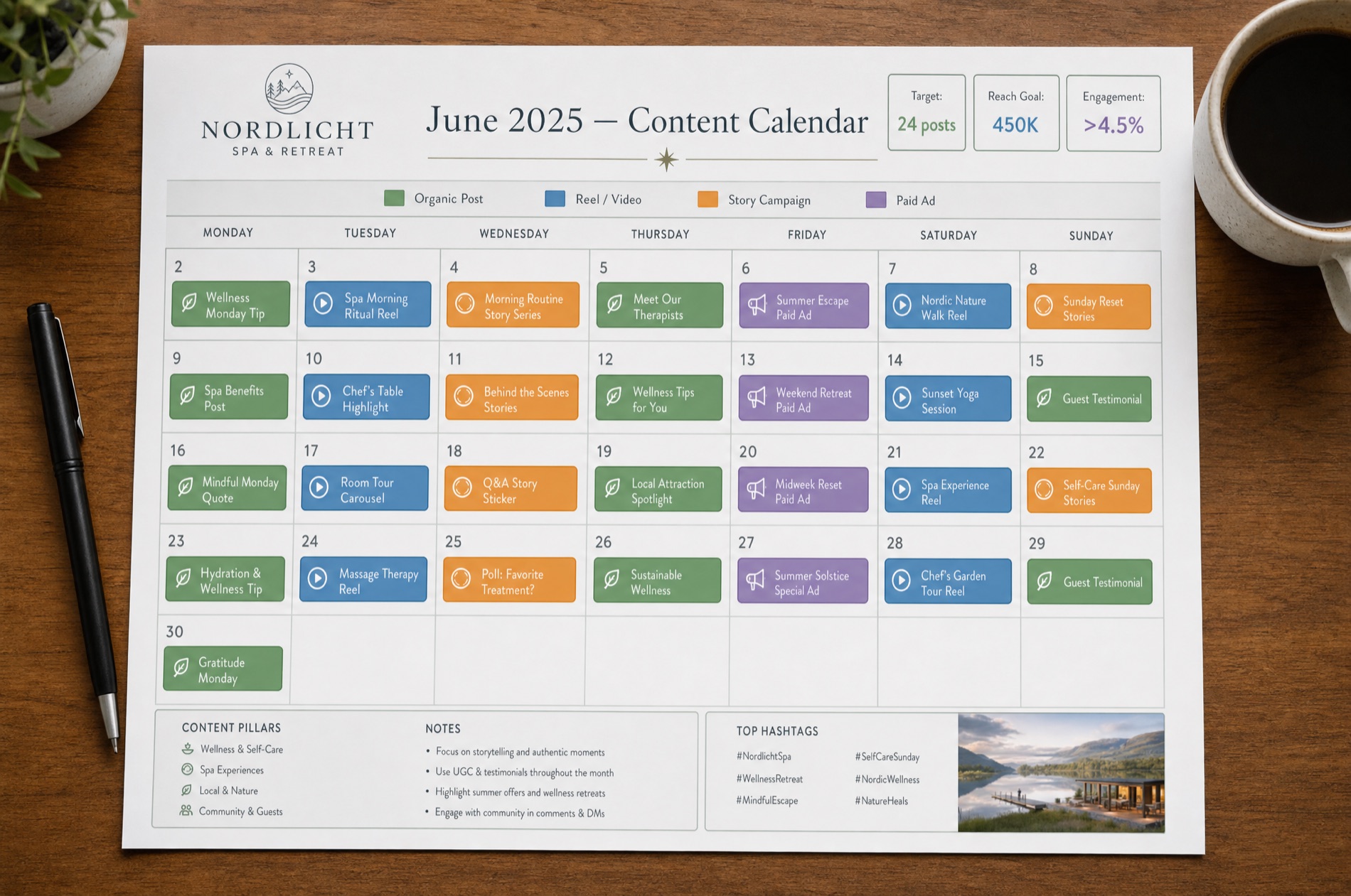 Monthly content calendar for Nordlicht — posts, reels, stories and paid ads