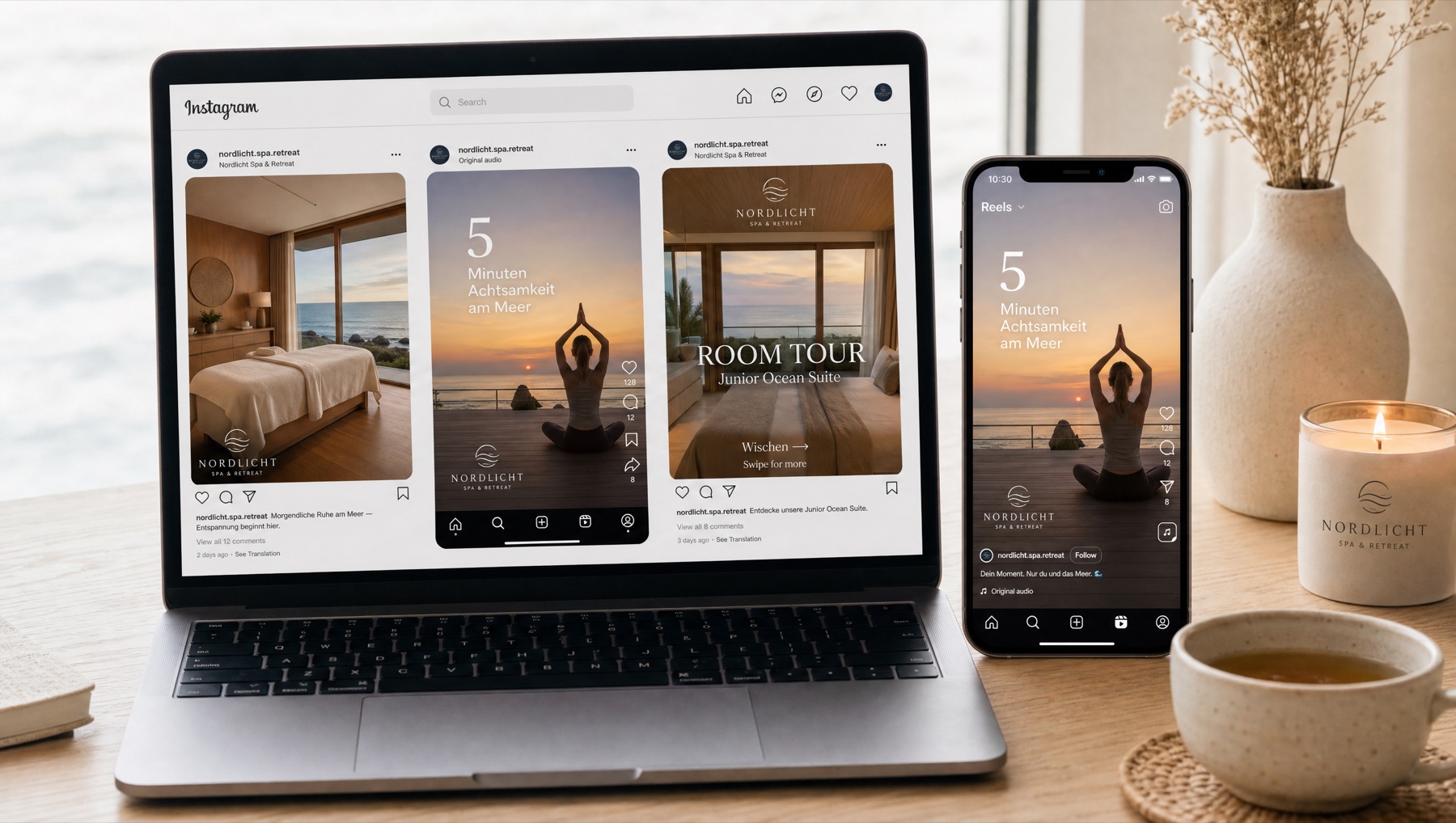 Nordlicht Instagram feed and reels on laptop and phone