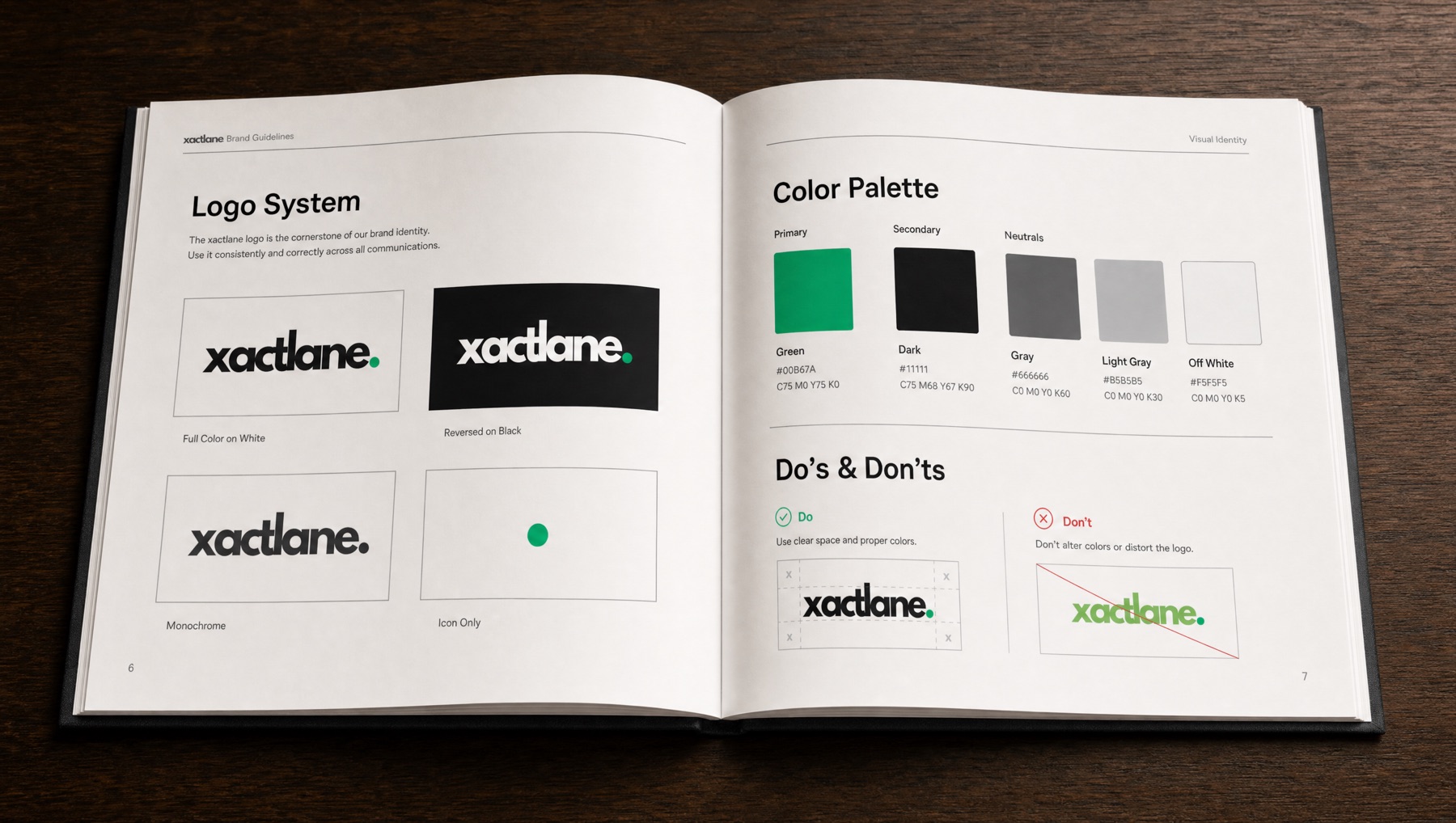 Xactlane brand guidelines — logo system and colour spreads